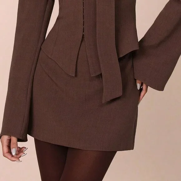 brown Casual Women's Long Sleeve Top And Skirt coord Set - Picture 9 of 9
